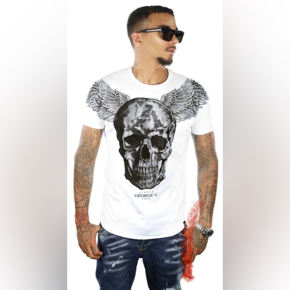 AVENUE GEORGE V Paris T Shirt White crystal Skull The Angel of Death